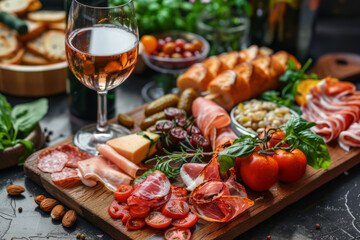 Board of various food starters with glass of wine