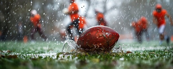Closeup of a waterlogged football on a rainsoaked field, with players sprinting in the background, emphasizing harsh weather play