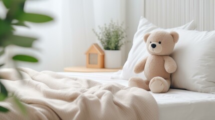 b'A cute teddy bear sitting on a bed with a white blanket and a pillow'