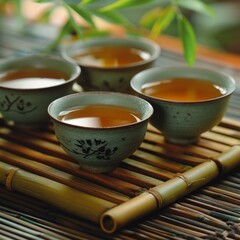 b'Four ceramic cups of tea on a bamboo mat with green bamboo leaves in the background'