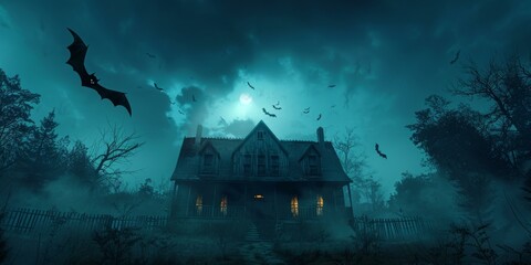 A haunted house with bats flying around it