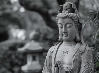 b'Stone statue of Avalokiteshvara, the bodhisattva of compassion'