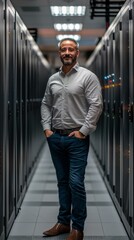 Fototapeta premium b'Middle Eastern man standing in a data center'
