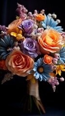 b'A bouquet of orange, lavender, and blue flowers with yellow centers'