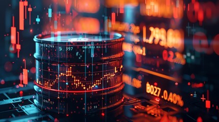 Closeup of an oil barrel with a dynamic hologram of rising stock prices and profit margins emanating from it, symbolizing financial success - obrazy, fototapety, plakaty