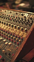 b'Sound mixer with a lot of buttons and knobs'