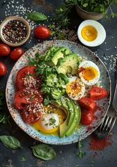 b'Healthy avocado and tomato salad with boiled egg'