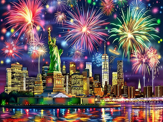 Naklejka premium Fireworks Spectacle Over Iconic Statue and Skyline 