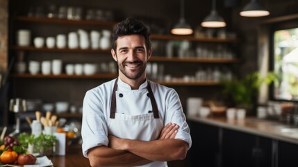 Fototapeta premium b'Portrait of a male chef smiling in a commercial kitchen'