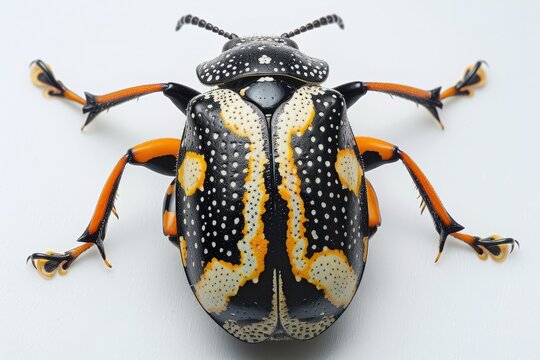b'A brightly colored beetle with a spotted pattern on its back'