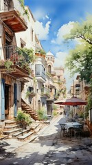 b'A narrow street with a red umbrella'