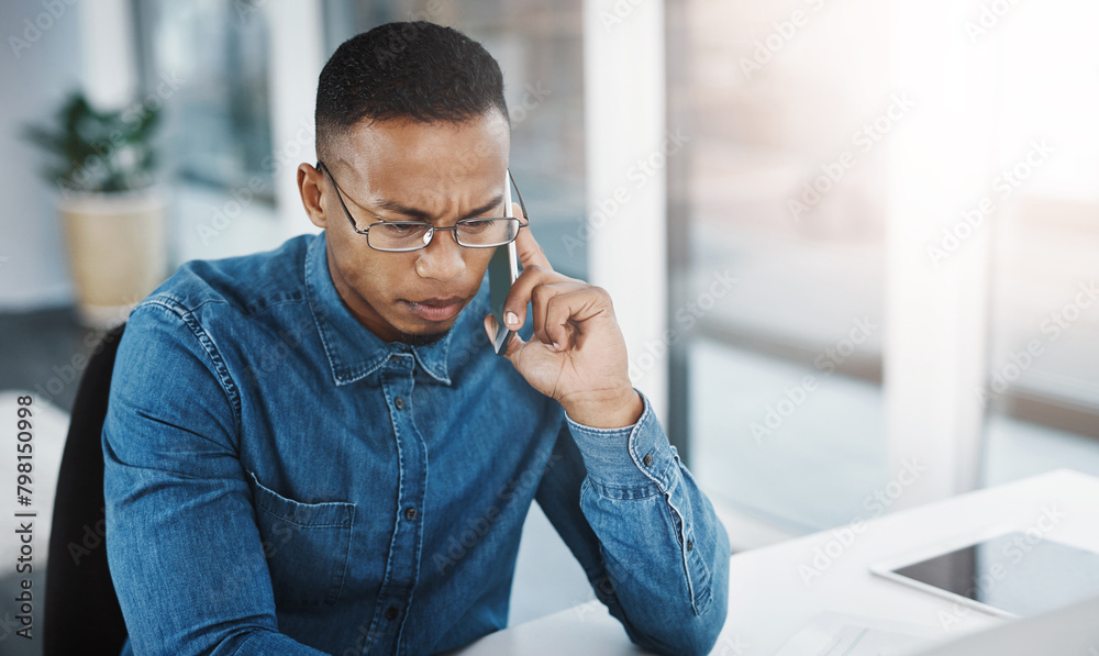 Aufkleber professional, phone call and black man by computer in office, workspace and business desk in creativ