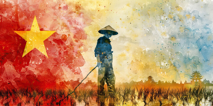 The Vietnamese Flag with a Rice Farmer and a Water Puppeteer - Visualize the Vietnamese flag with a rice farmer representing Vietnam's agricultural heritage and a water puppeteer symbolizing the count