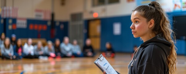 Physical education teacher with clipboard in school gym. Indoor sports and education concept.