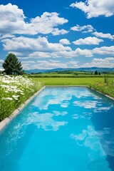 b'Modern minimalist outdoor swimming pool with beautiful mountain and meadow views'