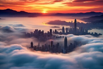 b'Hong Kong city skyline during sunrise with cloudscape'