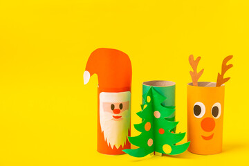Toilet paper crafts on a colored background. Kids crafts made with toilet paper roll. DIY....