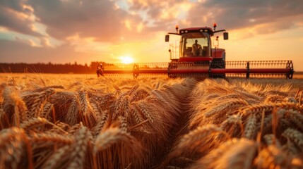 Fototapeta premium b'Tractor Harvesting Golden Wheat Field at Sunset'
