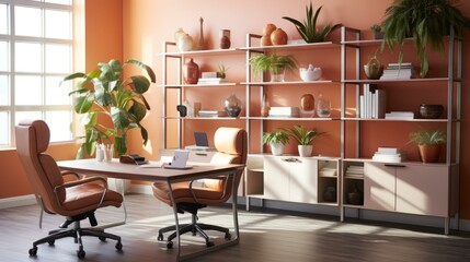b'A modern office with a large orange wall, several plants, and two brown leather chairs in front of a wooden desk'