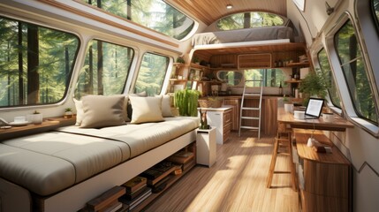 b'A cozy living space in a camper van with large windows and a warm, inviting interior'