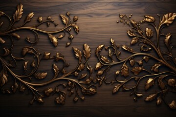b'Golden leaves and vines on a wooden background'