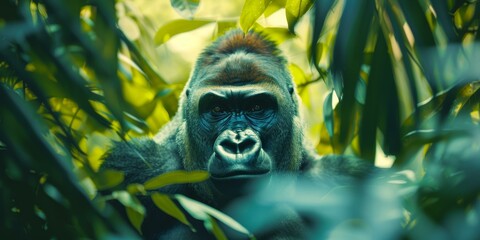 b'A gorilla stares out from the jungle foliage.' - obrazy, fototapety, plakaty
