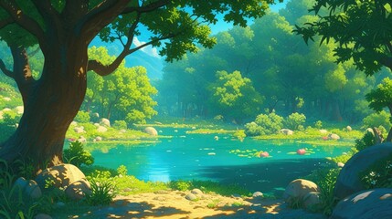 Fototapeta premium A vibrant summer forest scene unfolds with a crystal clear lake nestled on a sunlit glade surrounded by lush trees and a winding path This 2d cartoon captures the essence of nature with its 