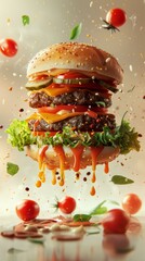 b'A cheeseburger with lettuce, tomato, and pickles' - obrazy, fototapety, plakaty