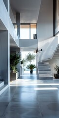 b'Staircase and plants in a modern house'