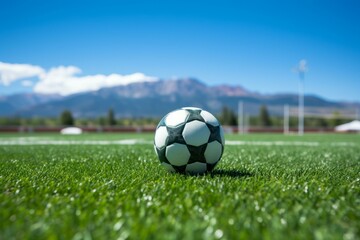 b'Close up of a soccer ball on a field with mountains in the distance'