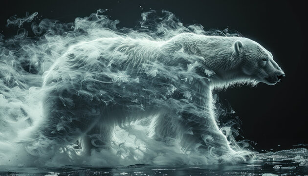 conceptual image of a polar bear dissolving into the ocean as a metaphor for global warming,endangered species animal