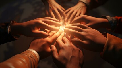 b'Diverse group of people reaching in to touch a glowing center'