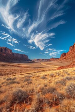 b'Arid desert landscape with blue sky and clouds'