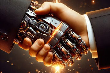An epic handshake between a robot and a human, a spark passes between the hands.