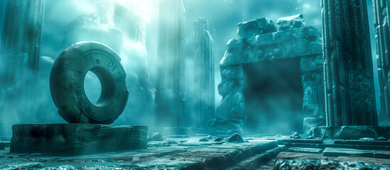 An ethereal underwater illustration scene of the mythical lost city of Atlantis with ancient ruins and a mysterious rune