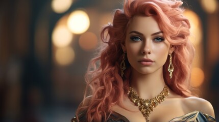 Fototapeta premium a woman with long pink hair and gold jewelry