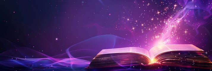 Mystery open book with shining light. Fantasy book with magic light and stars on a table with violet background and copy space