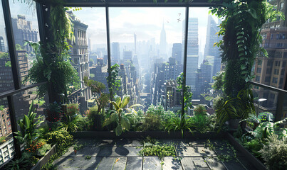 An open balcony with abundant greenery overlooking a bustling cityscape. Generate AI
