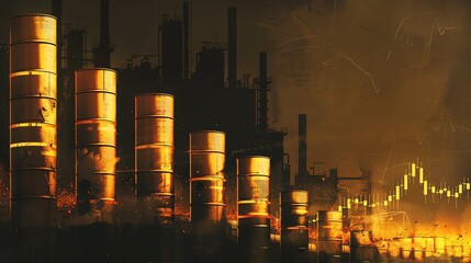 Stylized graphic design of oil barrels lined up with each one higher than the last, forming a golden bar graph against a dark industrial backdrop