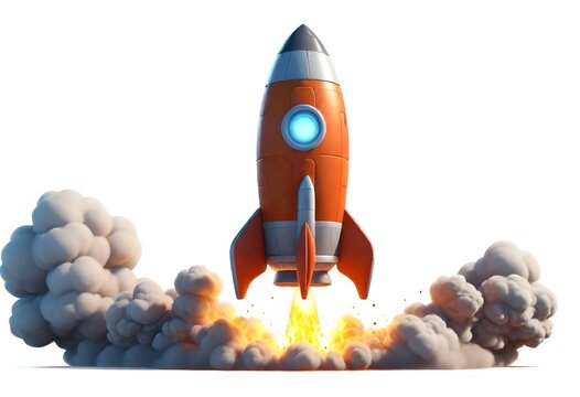 A cartoon rocket ship blasting off into the sky, surrounded by clouds of smoke and fire