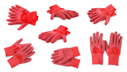 Red gardening gloves isolated on white, set