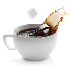 Coffee splashing in cup due to falling sugar cubes on white background