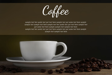 Aromatic coffee in cup, roasted beans on wooden table and text sample