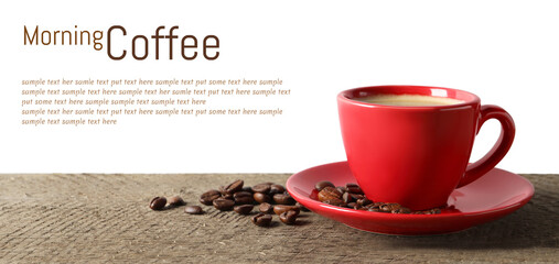 Aromatic coffee in cup, roasted beans and text sample against white background, banner design