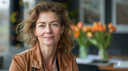 b'portrait of a middle aged woman with brown hair and green eyes'