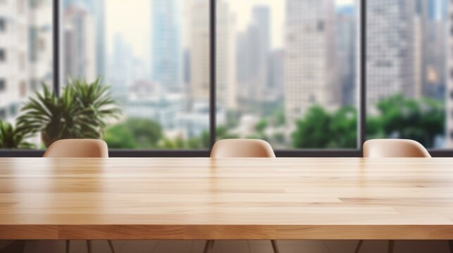 b'Modern empty wooden table with blurred cityscape background'