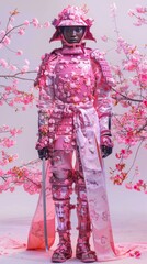 Black female samurai in pink samurai armor with cherry blossoms