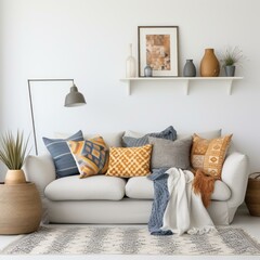 b'A cozy living room with a white sofa, colorful pillows, and a gray rug'