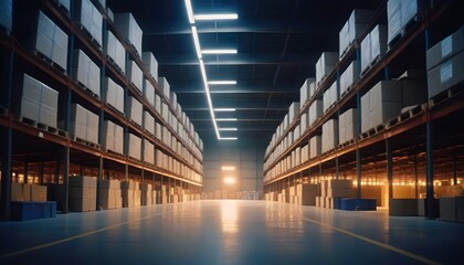 A large industrial warehouse with rows of shelves stocked with boxes and goods, illuminated by bright overhead lighting