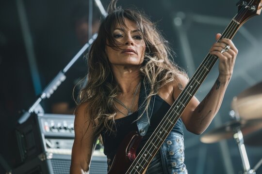 b'A woman playing bass guitar on stage'